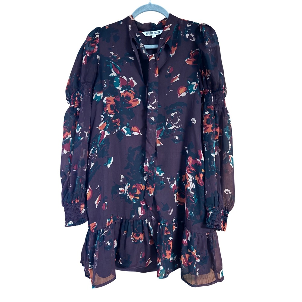 Walter Baker Plum Floral Tie Neck Ruffle Mini Dress Sheer Smocked Sleeve Small